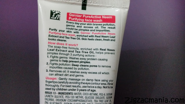 Garnier PureActive Neem Purifying Face Wash Ingredients
