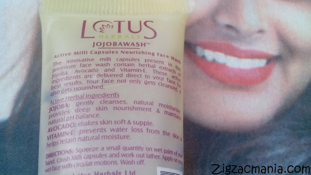 Lotus Herbals Jojobawash Active Milli Capsules Nourishing Face Wash: Ingredients